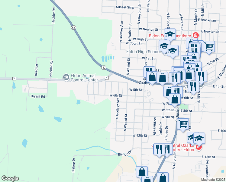 map of restaurants, bars, coffee shops, grocery stores, and more near 507 South Godfrey Avenue in Eldon