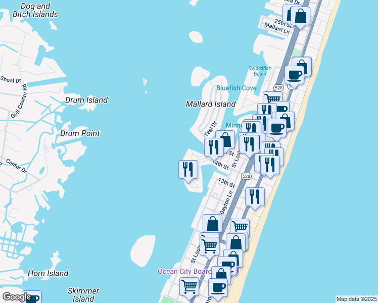 map of restaurants, bars, coffee shops, grocery stores, and more near 1399 Saint Louis Avenue in Ocean City