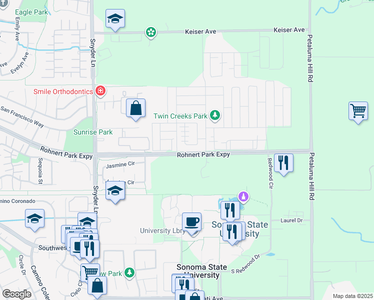 map of restaurants, bars, coffee shops, grocery stores, and more near 1809 Kelly Place in Rohnert Park