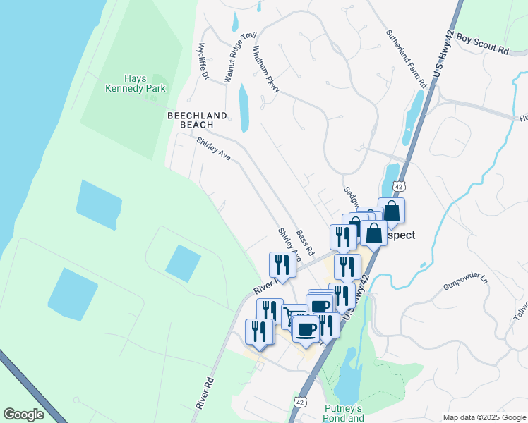 map of restaurants, bars, coffee shops, grocery stores, and more near 6610 Shirley Avenue in Prospect
