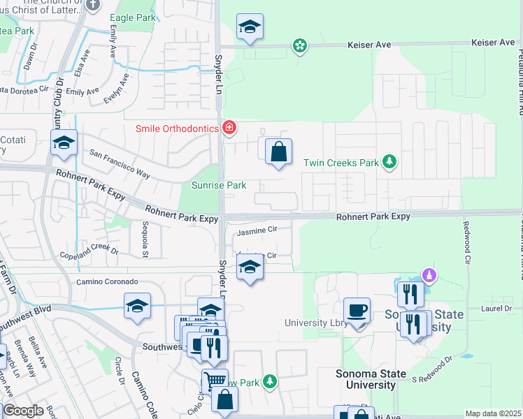 map of restaurants, bars, coffee shops, grocery stores, and more near 1358 Oak View Circle in Rohnert Park