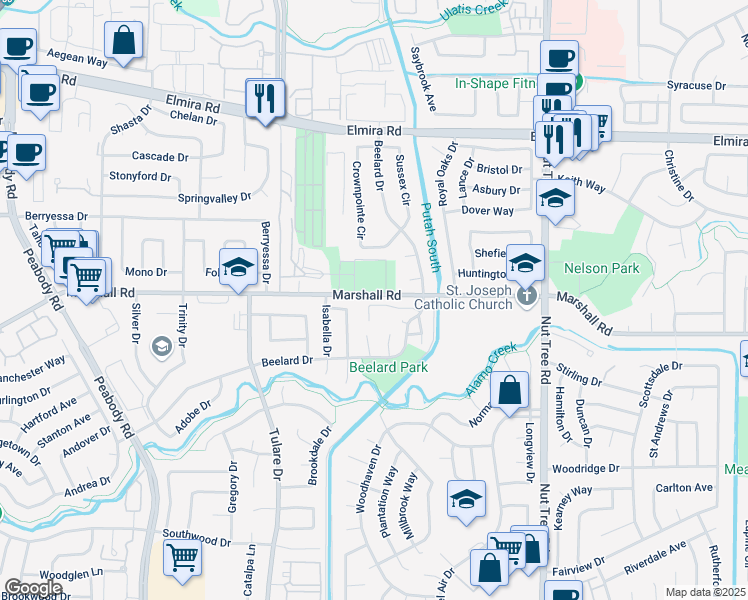 map of restaurants, bars, coffee shops, grocery stores, and more near 1079 Amber Ridge Lane in Vacaville