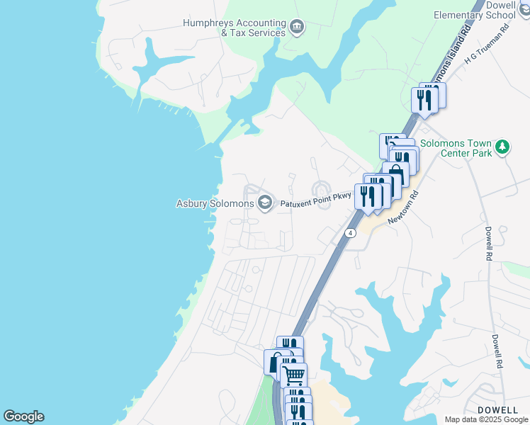 map of restaurants, bars, coffee shops, grocery stores, and more near 11100 Asbury Circle in Solomons