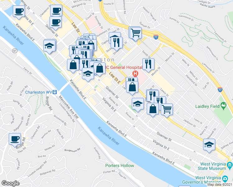 map of restaurants, bars, coffee shops, grocery stores, and more near 1205 Quarrier Street in Charleston