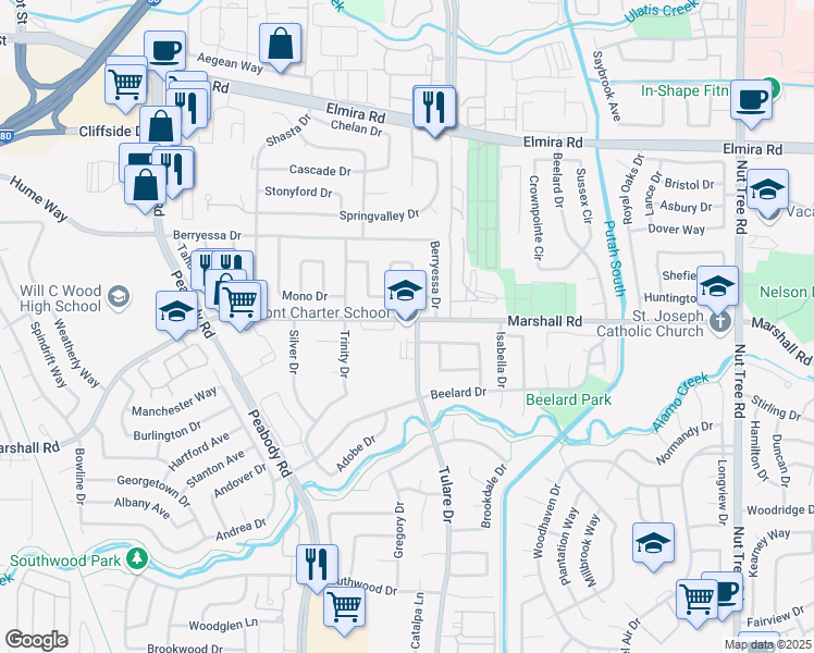 map of restaurants, bars, coffee shops, grocery stores, and more near 1355 Marshall Road in Vacaville