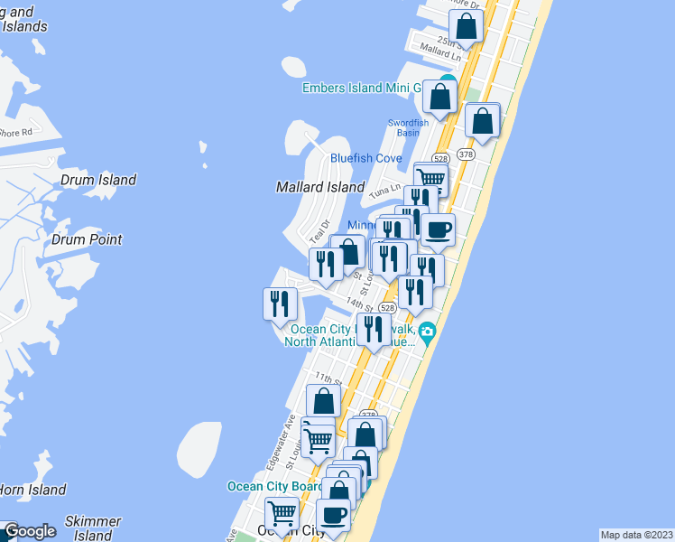 map of restaurants, bars, coffee shops, grocery stores, and more near 5 15th Street in Ocean City