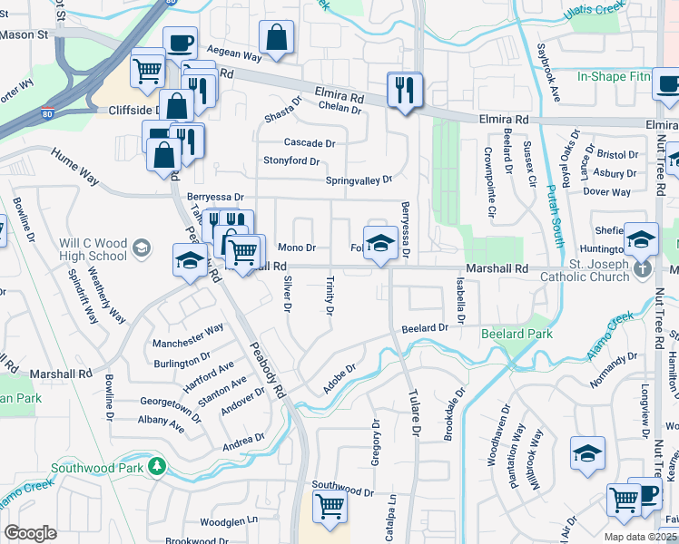 map of restaurants, bars, coffee shops, grocery stores, and more near 1307 Marshall Road in Vacaville