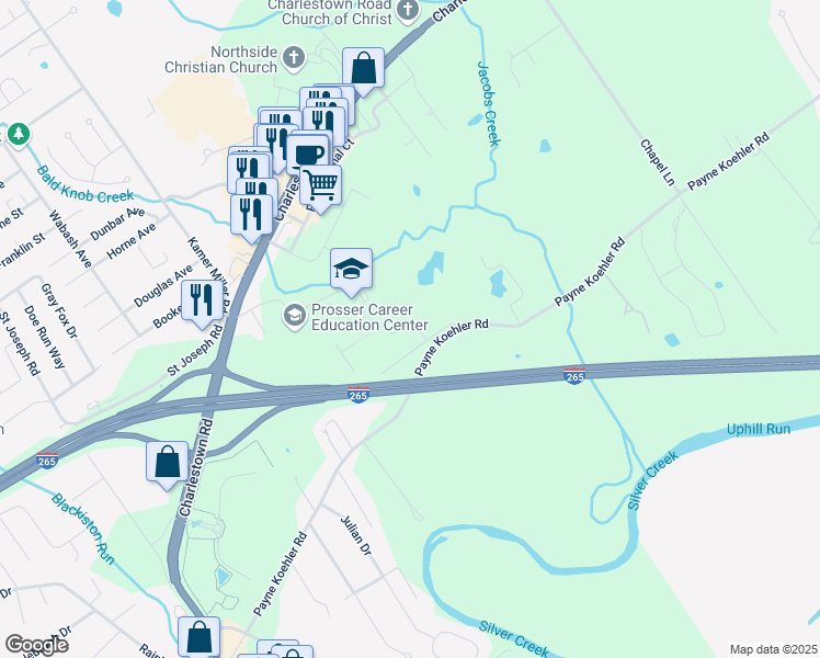 map of restaurants, bars, coffee shops, grocery stores, and more near 4004 Fields Lane in New Albany