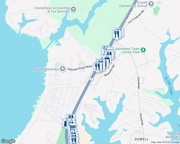 map of restaurants, bars, coffee shops, grocery stores, and more near 50 Creston Lane in Solomons