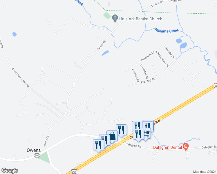 map of restaurants, bars, coffee shops, grocery stores, and more near 15299 Ballantrae Avenue in King George