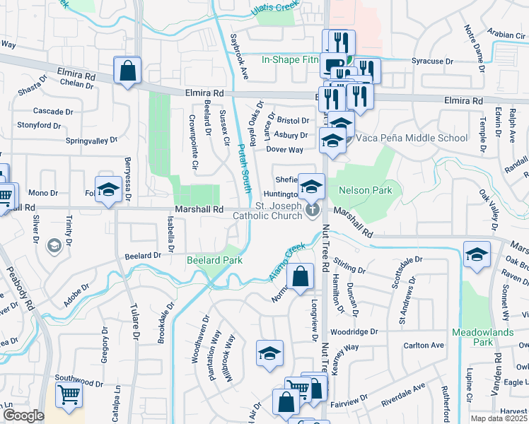 map of restaurants, bars, coffee shops, grocery stores, and more near 1701 Marshall Road in Vacaville