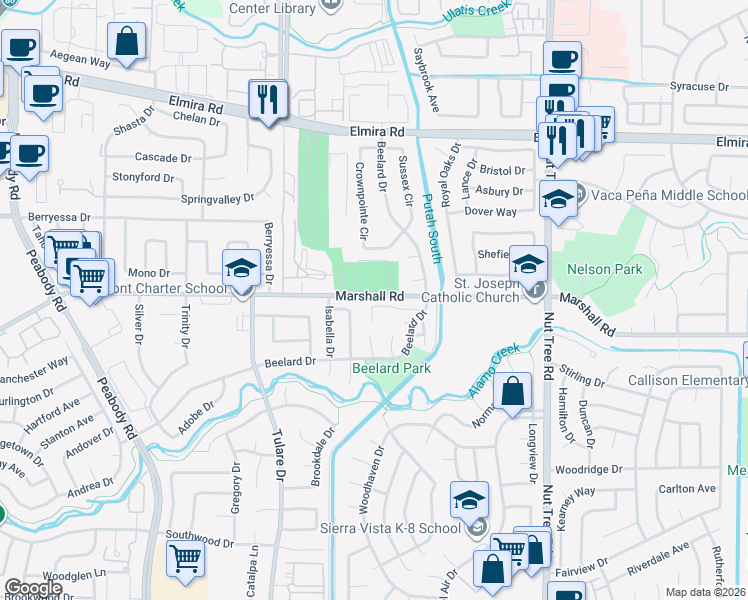 map of restaurants, bars, coffee shops, grocery stores, and more near 1079 Amber Ridge Lane in Vacaville