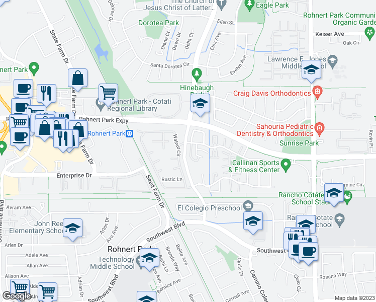 map of restaurants, bars, coffee shops, grocery stores, and more near 910 Kirsten Court in Rohnert Park