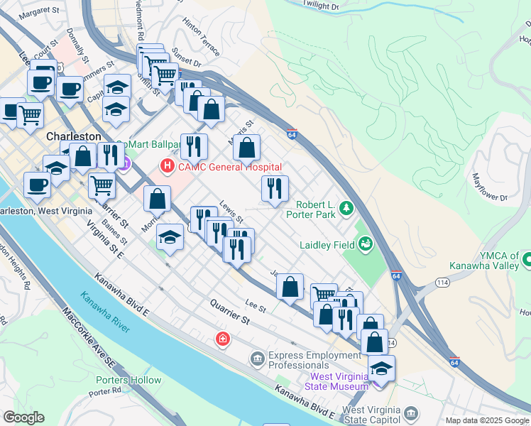 map of restaurants, bars, coffee shops, grocery stores, and more near 1440 Dixie Street in Charleston