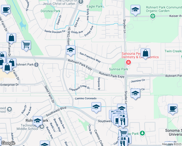 map of restaurants, bars, coffee shops, grocery stores, and more near 1094 Civic Center Drive in Rohnert Park