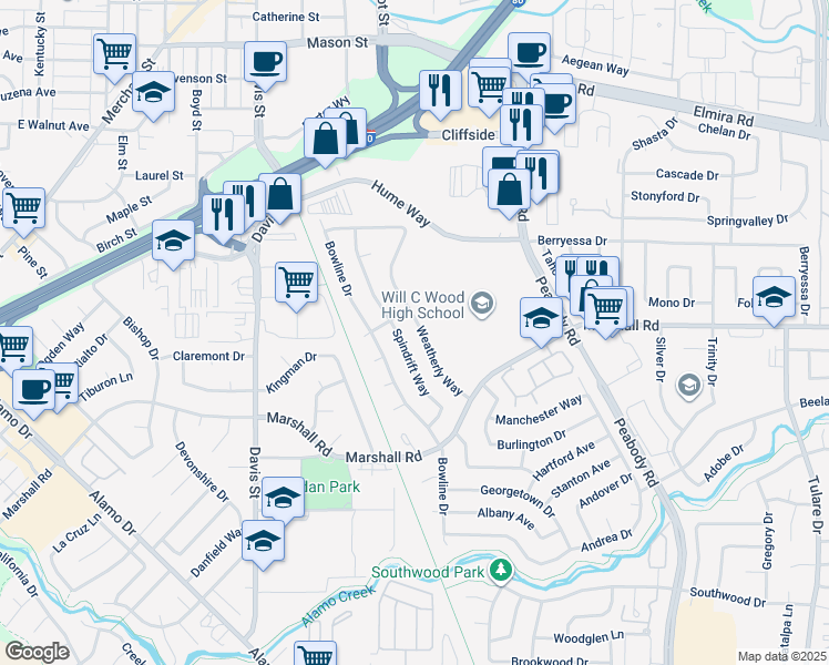 map of restaurants, bars, coffee shops, grocery stores, and more near 314 Weatherly Way in Vacaville