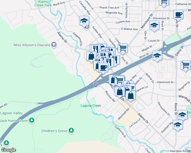map of restaurants, bars, coffee shops, grocery stores, and more near 165 Fairoaks Drive in Vacaville