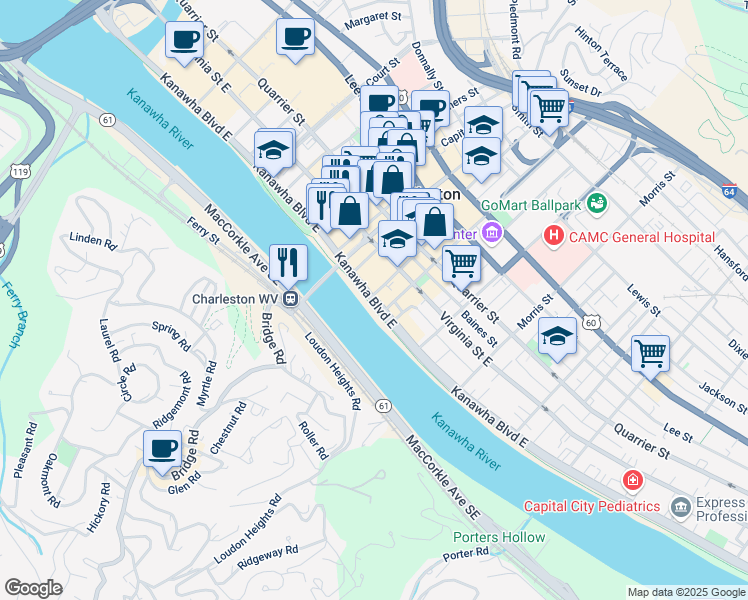 map of restaurants, bars, coffee shops, grocery stores, and more near 925 Kanawha Boulevard East in Charleston