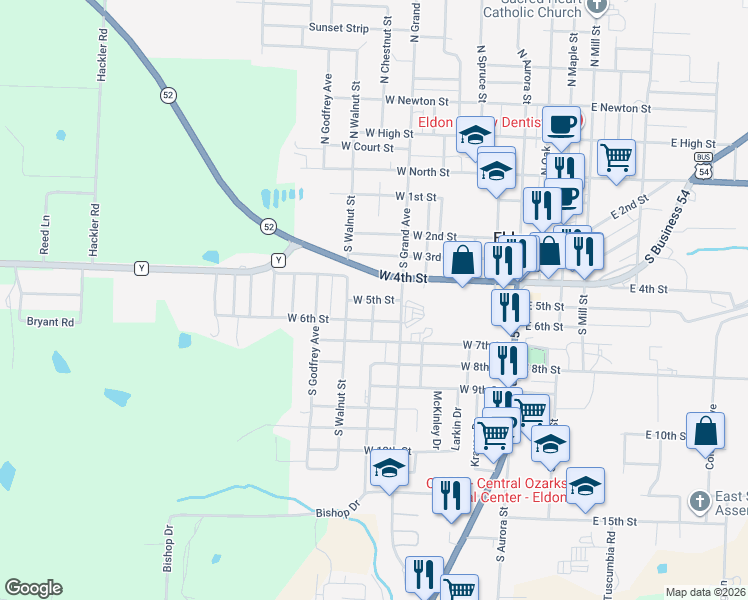 map of restaurants, bars, coffee shops, grocery stores, and more near 500 South Chestnut Street in Eldon