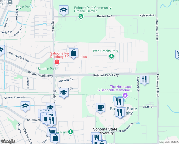 map of restaurants, bars, coffee shops, grocery stores, and more near 5213 Kim Place in Rohnert Park