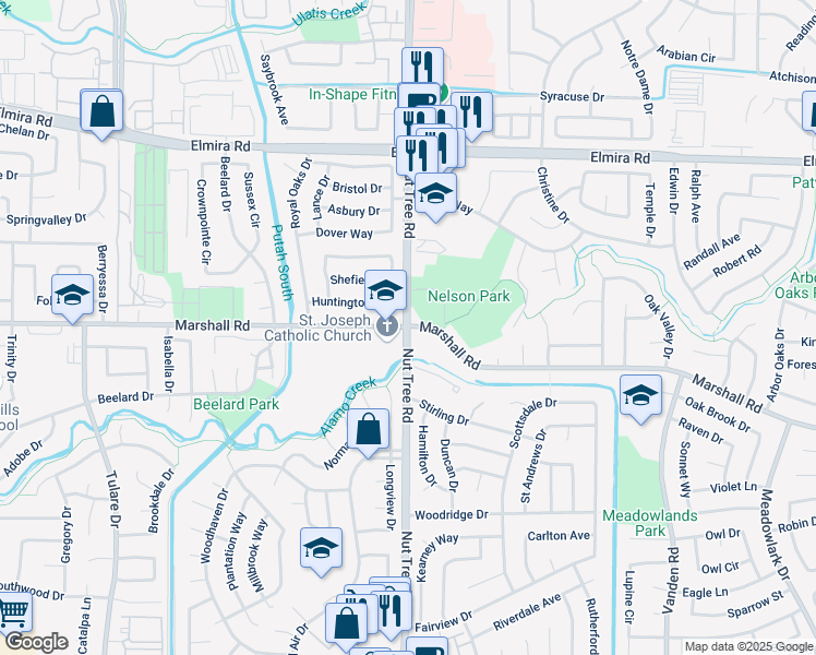 map of restaurants, bars, coffee shops, grocery stores, and more near Nut Tree Road & Marshall Road in Vacaville