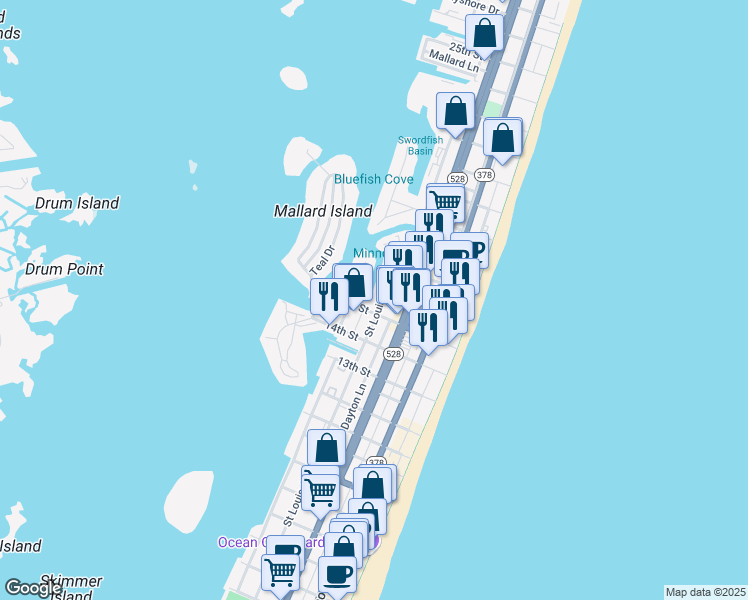 map of restaurants, bars, coffee shops, grocery stores, and more near 1505 Saint Louis Avenue in Ocean City