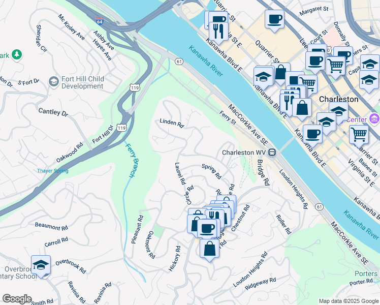 map of restaurants, bars, coffee shops, grocery stores, and more near 710 Myrtle Road in Charleston