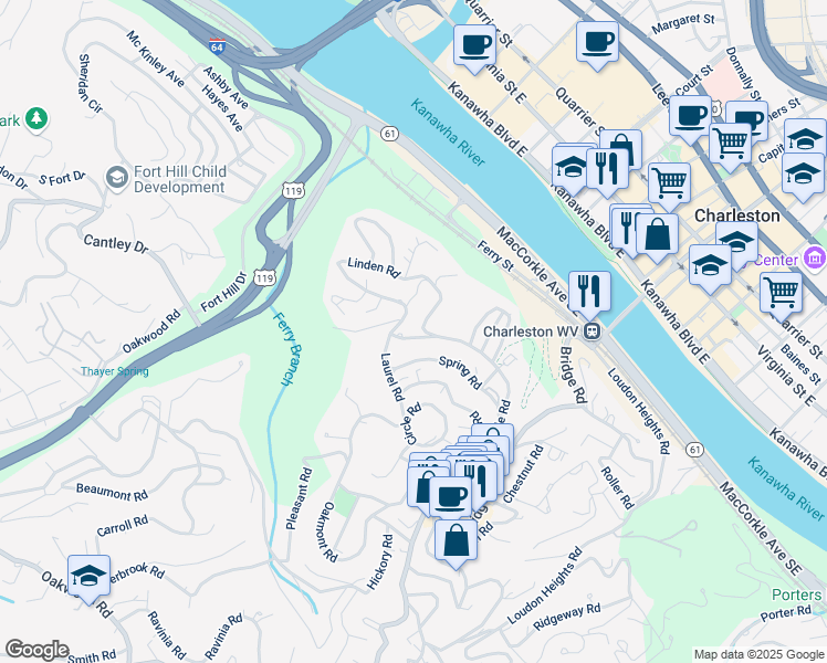 map of restaurants, bars, coffee shops, grocery stores, and more near 710 Myrtle Road in Charleston