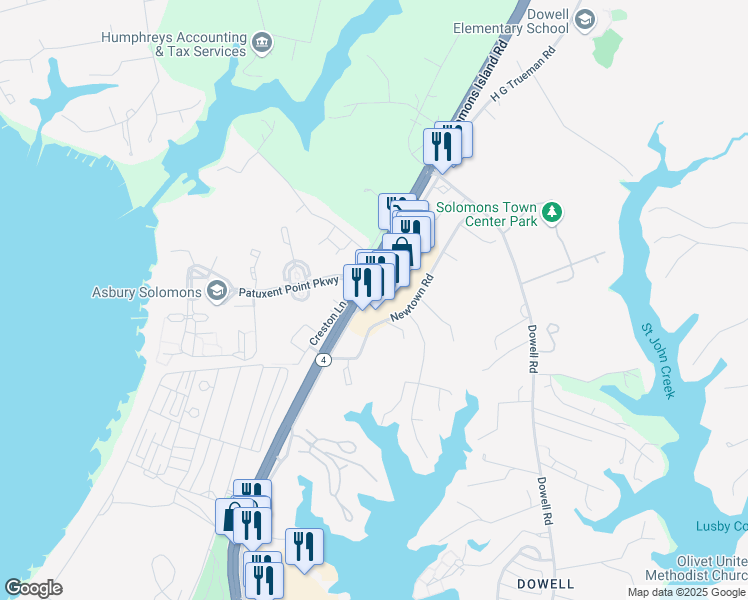 map of restaurants, bars, coffee shops, grocery stores, and more near 13300 H G Trueman Road in Lusby