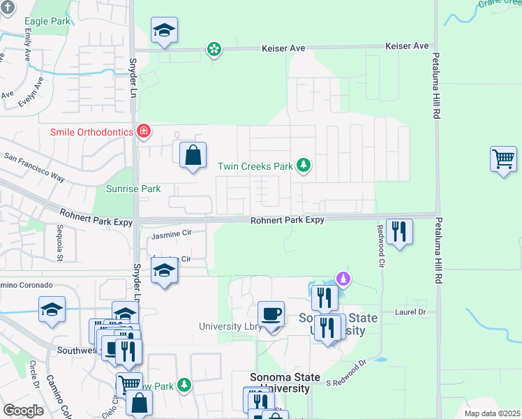 map of restaurants, bars, coffee shops, grocery stores, and more near 1809 Kelly Place in Rohnert Park