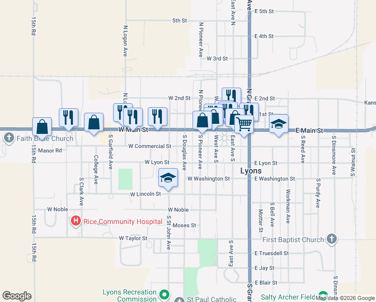 map of restaurants, bars, coffee shops, grocery stores, and more near 201-299 South Pioneer Avenue in Lyons