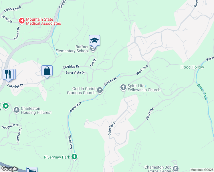 map of restaurants, bars, coffee shops, grocery stores, and more near 424 Wertz Avenue in Charleston