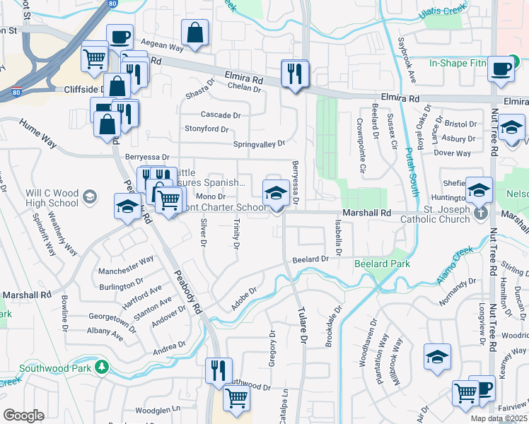 map of restaurants, bars, coffee shops, grocery stores, and more near 1355 Marshall Road in Vacaville