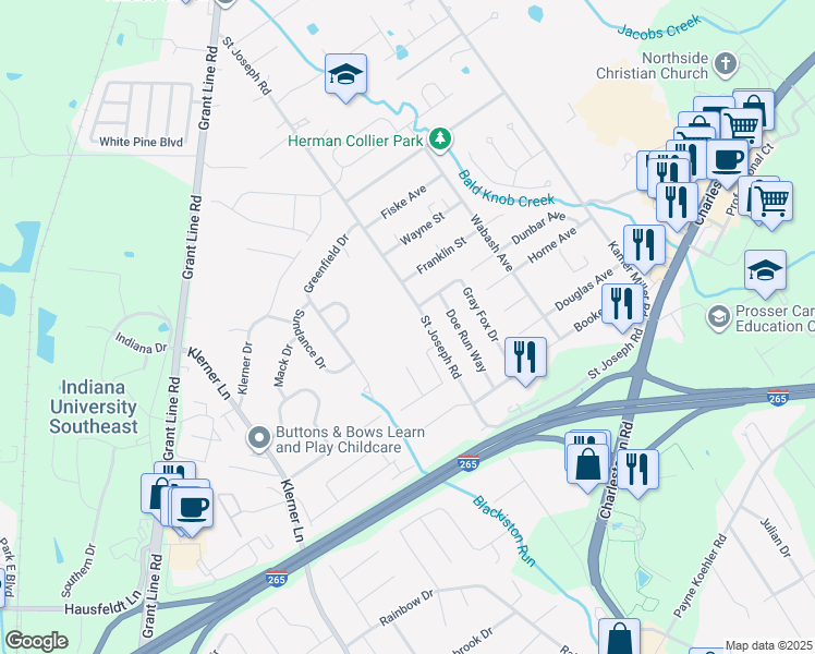 map of restaurants, bars, coffee shops, grocery stores, and more near 3625 Saint Joseph Road in New Albany