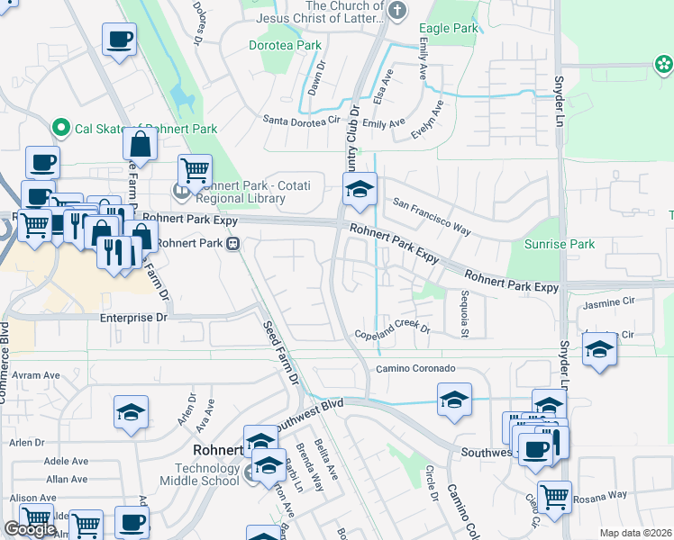 map of restaurants, bars, coffee shops, grocery stores, and more near 6440 Country Club Drive in Rohnert Park