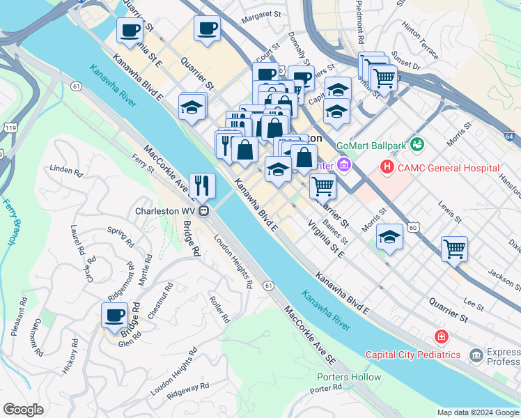 map of restaurants, bars, coffee shops, grocery stores, and more near 1018 Kanawha Boulevard East in Charleston