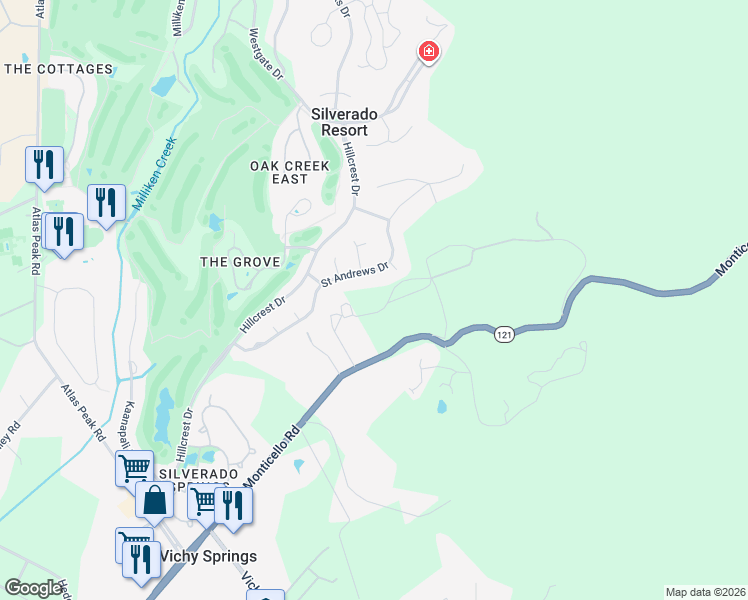 map of restaurants, bars, coffee shops, grocery stores, and more near 2192 Monticello Road in Napa