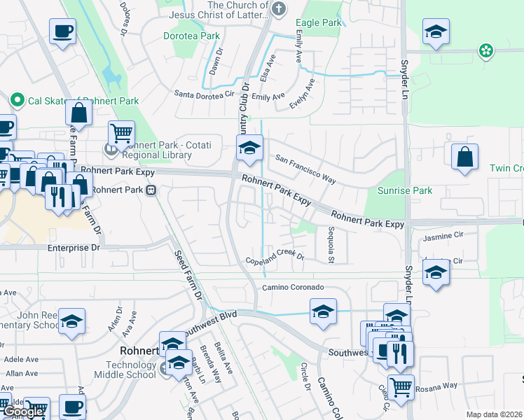 map of restaurants, bars, coffee shops, grocery stores, and more near 6 Creekwood Square in Rohnert Park