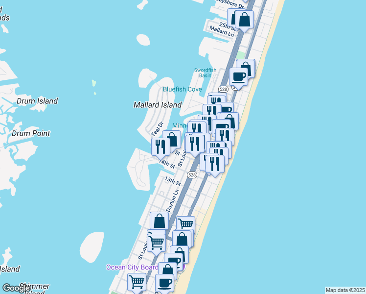 map of restaurants, bars, coffee shops, grocery stores, and more near 210 15th Street in Ocean City