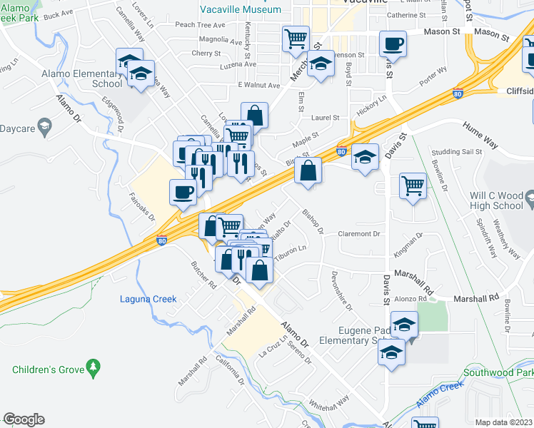 map of restaurants, bars, coffee shops, grocery stores, and more near 432 Ogden Way in Vacaville