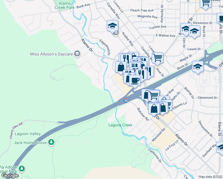 map of restaurants, bars, coffee shops, grocery stores, and more near 316 Acorn Court in Vacaville