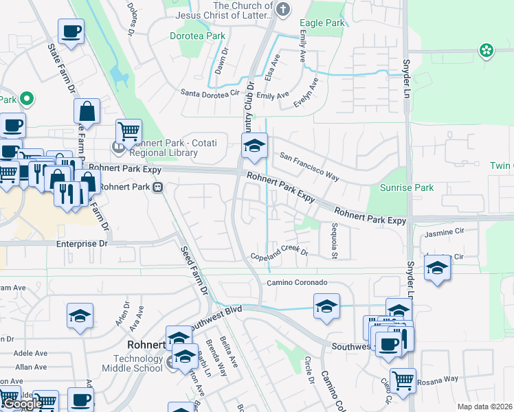 map of restaurants, bars, coffee shops, grocery stores, and more near 1015 Civic Center Drive in Rohnert Park