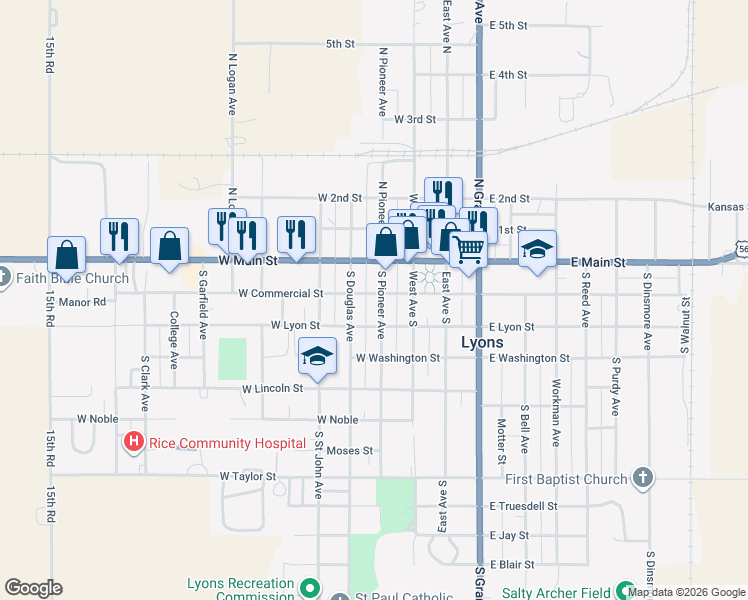 map of restaurants, bars, coffee shops, grocery stores, and more near 201 South Pioneer Avenue in Lyons