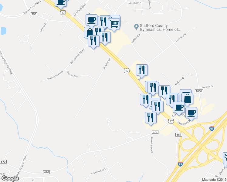 map of restaurants, bars, coffee shops, grocery stores, and more near 655 Warrenton Road in Fredericksburg
