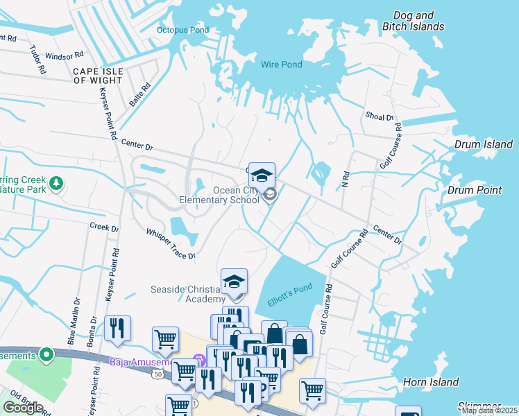 map of restaurants, bars, coffee shops, grocery stores, and more near 12828 Center Drive in Ocean City