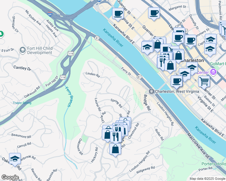 map of restaurants, bars, coffee shops, grocery stores, and more near 731-733 Myrtle Road in Charleston