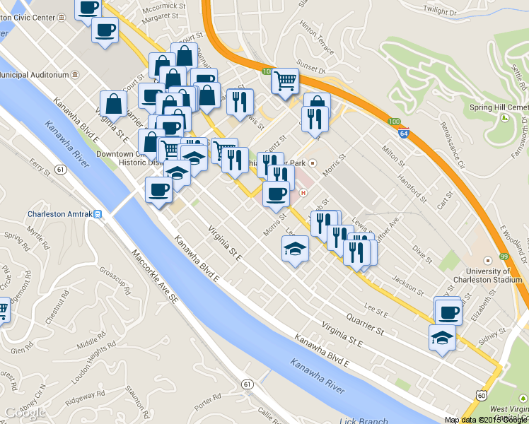 map of restaurants, bars, coffee shops, grocery stores, and more near 2 Arlington Court in Charleston