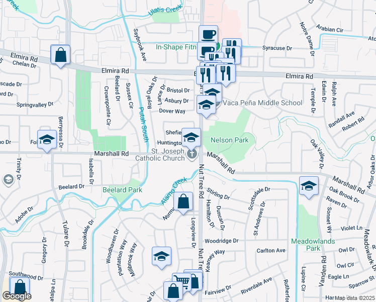 map of restaurants, bars, coffee shops, grocery stores, and more near 1766 Marshall Road in Vacaville