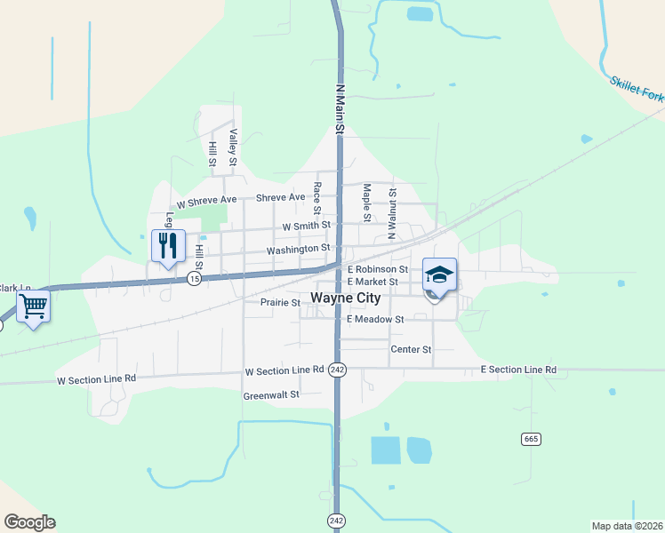 map of restaurants, bars, coffee shops, grocery stores, and more near West Robinson Street in Wayne City