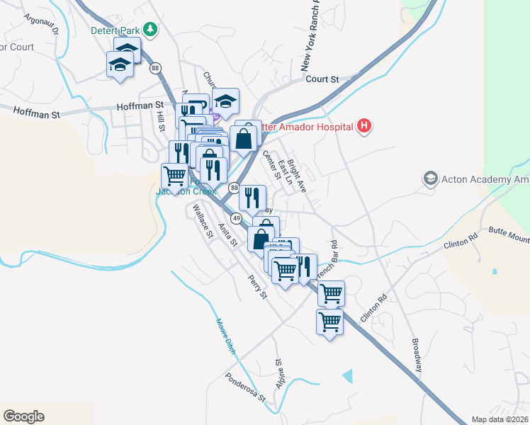 map of restaurants, bars, coffee shops, grocery stores, and more near 225 Broadway in Jackson